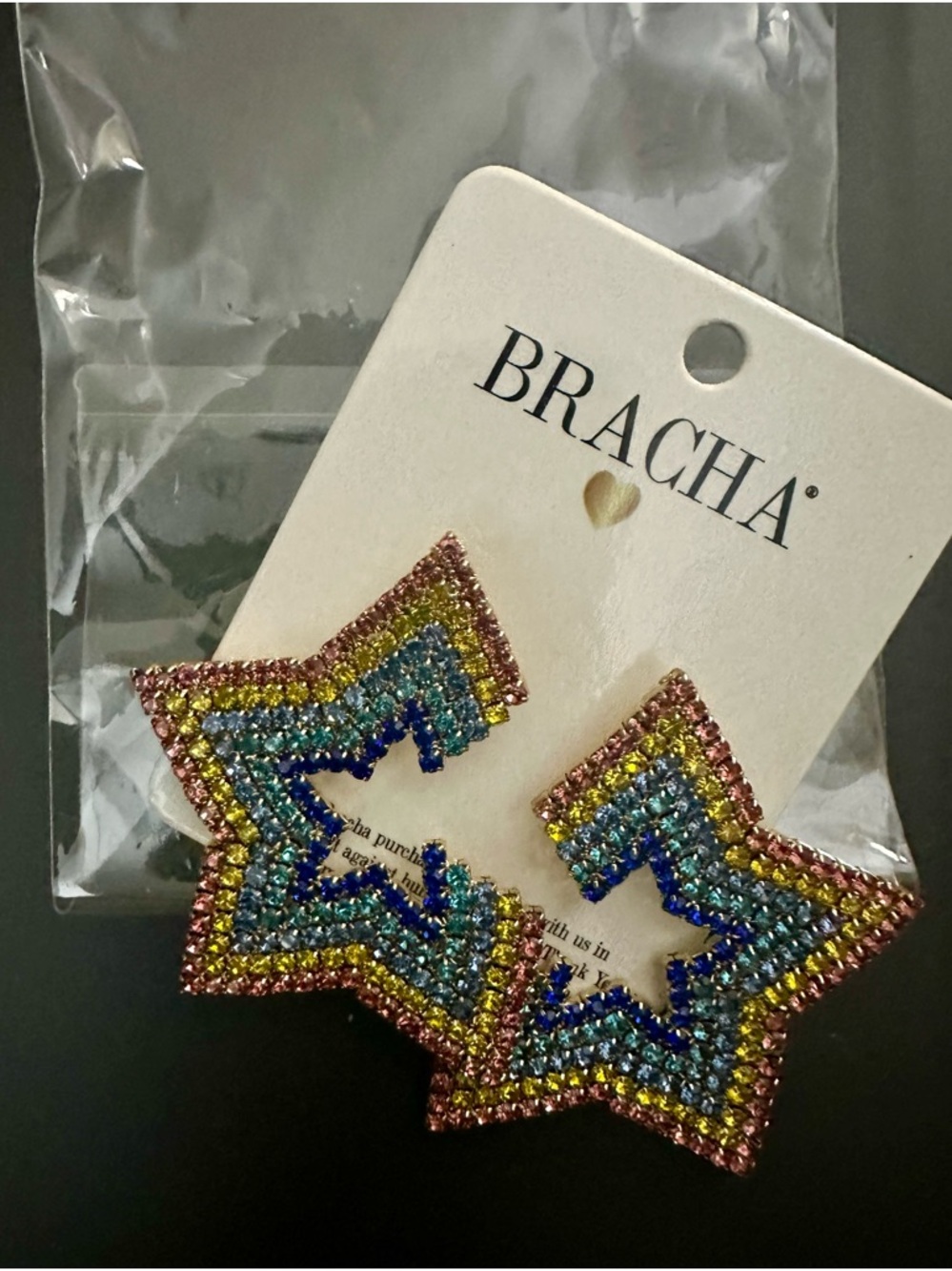 BRACHA Multicolor Star Crystal Statement Earrings - Pink, Yellow & Blue